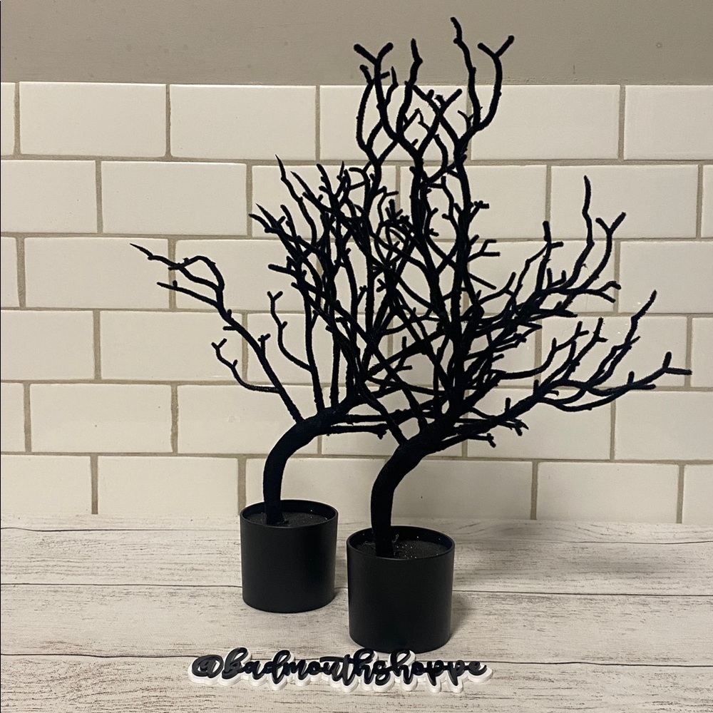 Set of 2 Target Dollar Spot Halloween Black Flocked Spooky Trees Decor